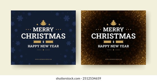 Merry Christmas festive snow social media post design template set vector illustration. Happy New Year Xmas winter holiday congratulations greeting card glow spark snowfall snowflakes effect