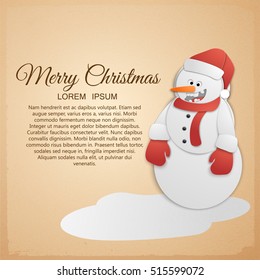 Merry Christmas festive template with greeting text funny snowman and snow isolated vector illustration