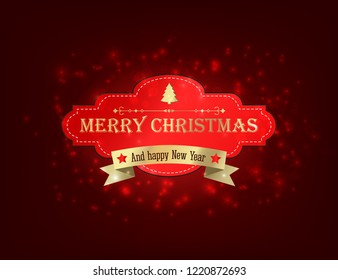 Merry Christmas festive template with text golden ribbon and red paper frame on glowing starry background vector illustration