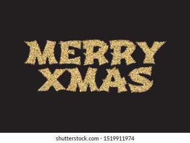 Merry Christmas, festive text on black background. Glitter golden lettering design. Vector illustration. EPS 10. Xmas greeting card, posters, banners for winter great celebration.