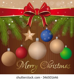 Merry Christmas. Festive vector background with branches of spruce and colored balls for Christmas and New Year.