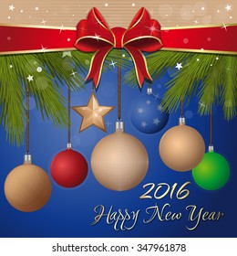 Merry Christmas. Festive vector background with branches of spruce and colored balls for Christmas and New Year.