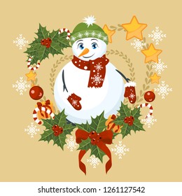 Merry Christmas! Festive vector illustration with holly, gifts, caramel, Christmas balls, bows and a cute, smiling snowman in a knitted hat, scarf and mittens