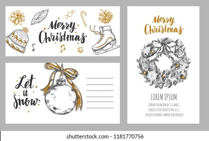 Feliz Navidad, tarjetas de invierno festivas. La plantilla de diseño incluye diferentes ilustraciones dibujadas a mano por vectores y caligrafía moderna de brocha. 