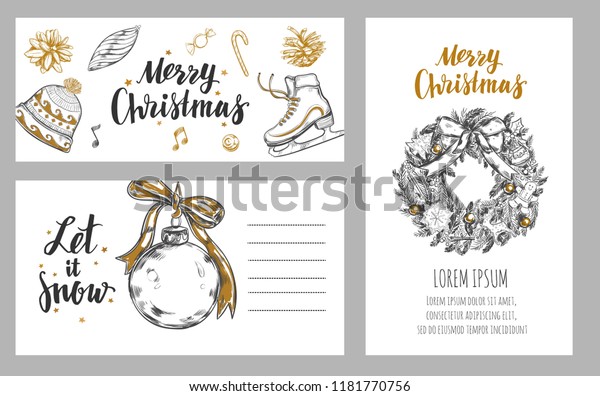 メリークリスマスのお祝いの冬のカード デザインテンプレートには さまざまなベクター手描きのイラストやbrushpen Modern Cligraphyが含まれます のベクター画像素材 ロイヤリティフリー