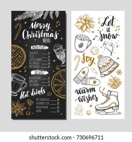 Merry Christmas Festive Winter Menu On Chalkboard. Design Template Includes Different Vector Hand Drawn Illustrations And Brushpen Modern Calligraphy. Beverages, Food And Christmas Elements. 