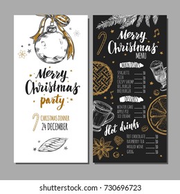 Merry Christmas Festive Winter Menu On Chalkboard And Invitation Card. Design Template Includes Different Vector Hand Drawn Illustrations And Brushpen Modern Calligraphy. 