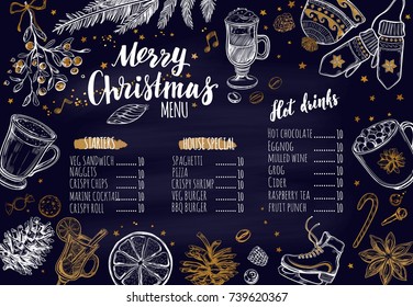 Merry Christmas Festive Winter Menu. Design Template Includes Different Vector Hand Drawn Illustrations And Brushpen Modern Calligraphy. Beverages, Food And Christmas Elements. 