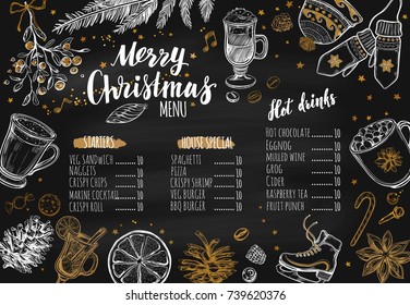 Merry Christmas festive Winter Menu. Design template includes different Vector hand drawn illustrations and Brushpen Modern Calligraphy. Beverages, food and christmas elements. 