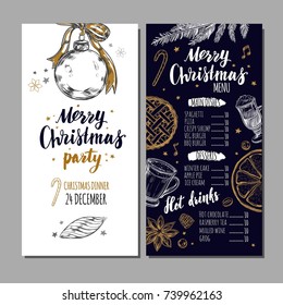 Merry Christmas festive Winter Menu on Chalkboard and Invitation card. Design template includes different Vector hand drawn illustrations and Brushpen Modern Calligraphy. 
