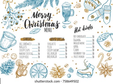 Merry Christmas Festive Winter Menu. Design Template Includes Different Vector Hand Drawn Illustrations And Brushpen Modern Calligraphy. Beverages, Food And Christmas Elements. 