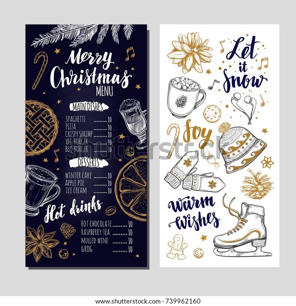 チャルクボードの聖降誕祭のお祝いの冬のメニュー デザインテンプレートには さまざまなベクター手描きのイラストやbrushpen Modern Cligraphyが含まれます 飲み物 食べ物 クリスマスのエレメント のベクター画像素材 ロイヤリティフリー