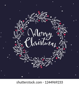 Merry Christmas festive  words with christmas wreath. Vector handwritten Lettering