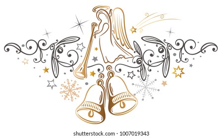 Merry Christmas With Filigree Angel And Bells. 