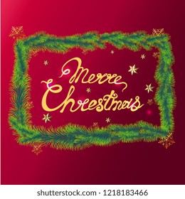 merry Christmas, fir branches frame, gold, 3D vector illustration