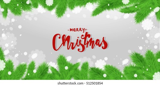 Merry Christmas! Fir branches and snowflakes abstract background. Stock vector.