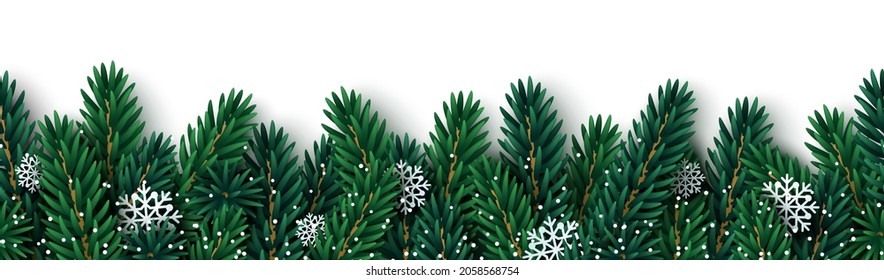 Merry Christmas fir tree branches garland with paper cut snowflakes on white background. Vector illustration. Holiday seamless border frame template, poster, brochure voucher design. Place for text.
