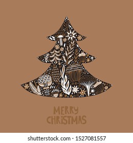 Merry Christmas fir tree, greeting card with patterned Christmas Tree. Fir Tree made of flowers and leaf.