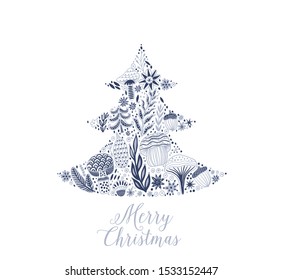 Merry Christmas fir tree, greeting card with patterned Christmas Tree. Fir Tree made of flowers and leaf