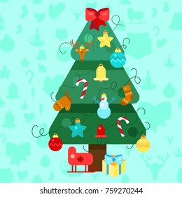Merry Christmas Fir. Christmas tree. Happy New Year illustration. Xmas Design Elements for holiday invitation, greeting, card and headline, title, sticker, emblem, print, magnet. Vector
