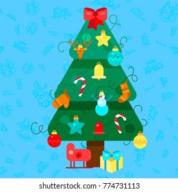 Merry Christmas Fir. Christmas tree. Happy New Year illustration. Xmas Design Elements for holiday invitation, greeting, card and headline, title, sticker, emblem, print, magnet. Vector