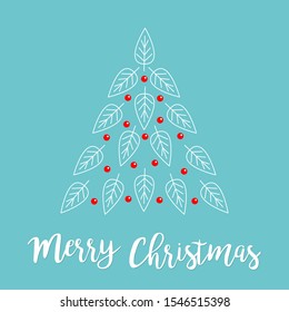 Merry Christmas. Fir tree made from white line leaf, red berry set. Cute cartoon triangle shape form. Happy New Year. Blue background. Isolated. Flat design. Vector illustration