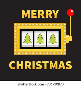 Merry Christmas Fir tree. Slot machine. Golden Glowing lamp light. Jackpot. Red handle lever. Big win Online casino, gambling club sign symbol. Flat design. Black background Vector illustration
