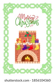 Merry Christmas fireplace decorated with presents vector. Greeting card with frame and mistletoe, burning fire and socks with gifts, evergreen spruce