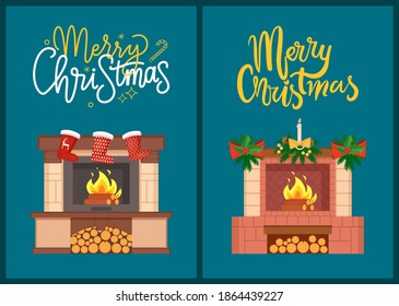 Merry Christmas fireplace decorated with socks vector. Furnace with burning logs and pine tree decoration, bows and socks with reindeer animal character