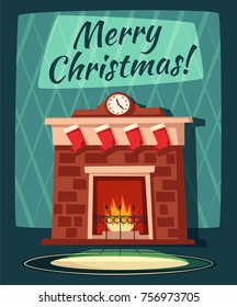 Merry Christmas. Fireplace and tree with decorations. Cartoon vector illustration