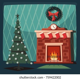 Merry Christmas. Fireplace and tree with decorations. Cartoon vector illustration