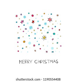 Merry Christmas flakes fall doodles simple card. Winter Holidays vector postcard graphic design element. Cute Hand written primitive small sign. Kids drawing Children hand made naive art