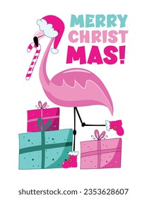 Merry Christmas - flamingo in Santa hat, and with candy cane and christmas presents. Good for greeting card, T shirt print, poster, label, and other decoration.