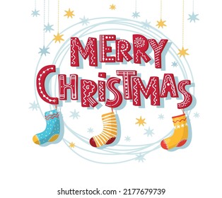 Merry christmas, flat cartoon icon with text and gift socks. Funny vector New Year sticker isolated on white background. Beautiful decorated red inscription wish for design.