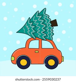 Merry Christmas Flat Cartoon style. Car carrying tree on snowy Winter Background. 