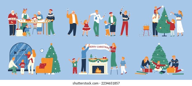 Merry christmas flat color set with festive accessories and funny people dancing and sorting gifts isolated vector illustration