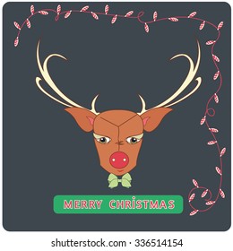Merry Christmas flat design e-card Male Reindeer,Christmas Lights,Merry Christmas,isolated