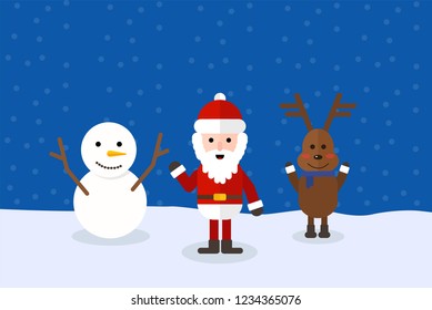Merry Christmas flat design of Snowman, Santa Claus, and reindeer with winter landscape  celebration in Christmas day - vector illustration