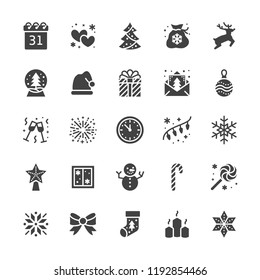 Merry Christmas flat glyph icons. Pine tree, snowflake, bag of presents, party invitation, snowman, lights garlands decoration vector illustrations. Solid silhouette signs pixel perfect 48x48.