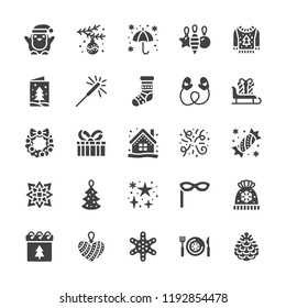 Merry Christmas flat glyph icons. Pine tree toys, snowflake, presents on sleigh, card, sparkler, winter house, sweater, decoration vector illustrations. Solid silhouette signs pixel perfect 48x48.