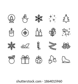 Merry Christmas flat icon set. Snowflake, Christmas tree, candles, snowman, decoration vector illustrations.  Vector illustration symbol for web design and apps. Editable stroke