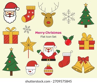 Feliz conjunto de Navidades con Santa, árboles de Navidad, medias, renos, regalos, campanas, copos de nieve y adornos navideños en un estilo colorido simple, ideal para invitaciones de vacaciones de invierno,