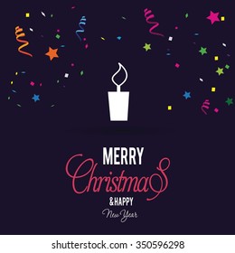 Merry Christmas! Flat icons Christmas candles greeting card with in flat style. vector illustration. Flowing confetti and streamers backgound