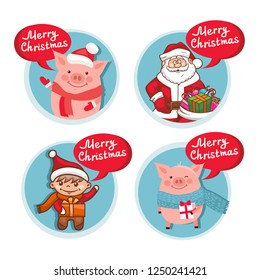 Merry Christmas flat icons set with funny Pig Santa Claus and red speech bubble. Vector colorful illustration isolated on white