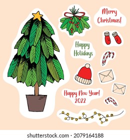 Merry Christmas Flat Icons. Vector Illustration. Happy New Year Stickers.