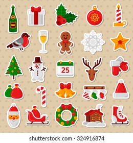 Merry Christmas Flat Icons. Vector Illustration. Happy New Year Stickers.