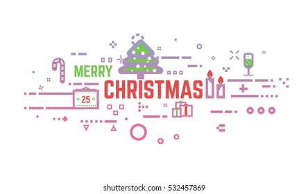 Merry christmas flat line concept banner. Xmas objects in red and green colors. Abstract lines, dots and objects.