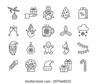 Merry Christmas flat line icon vector set. Winter collection with Santa Claus, knitted cup, gift, snowman, petard, angel, garland. Editable stroke.