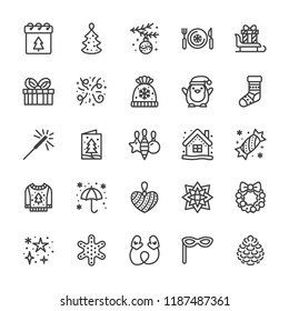 Merry Christmas flat line icons. Pine tree toys, snowflake, presents on sleigh, card, sparkler, winter house, sweater, decoration vector illustrations. Pixel perfect 48x48. Editable Strokes