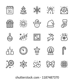 Merry Christmas flat line icons. Pine tree, snowflake, bag of presents, party invitation, snowman, lights garlands decoration vector illustrations. Thin signs Pixel perfect 48x48. Editable Strokes.